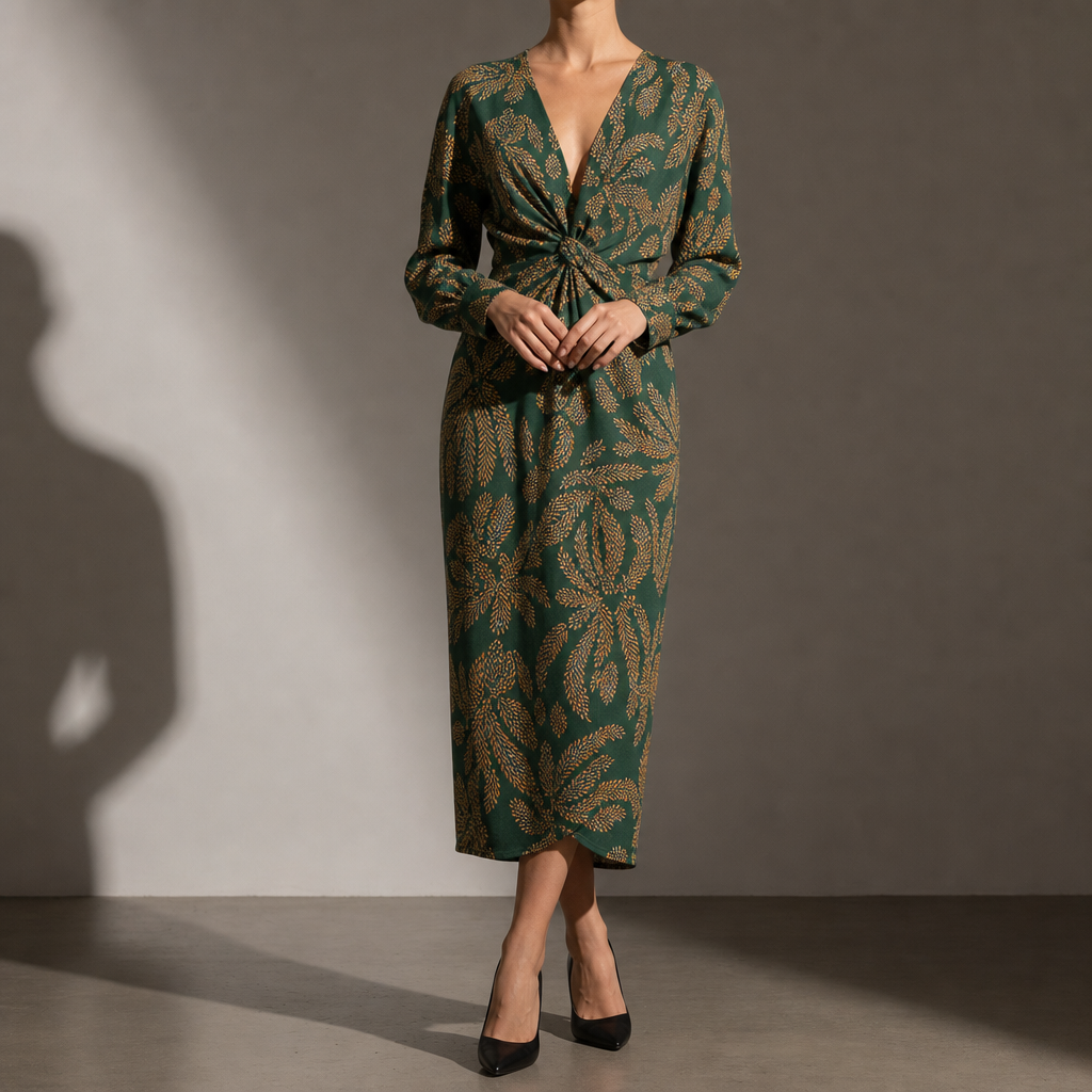 Kakopetria Printed Twist Midi Dress in Green