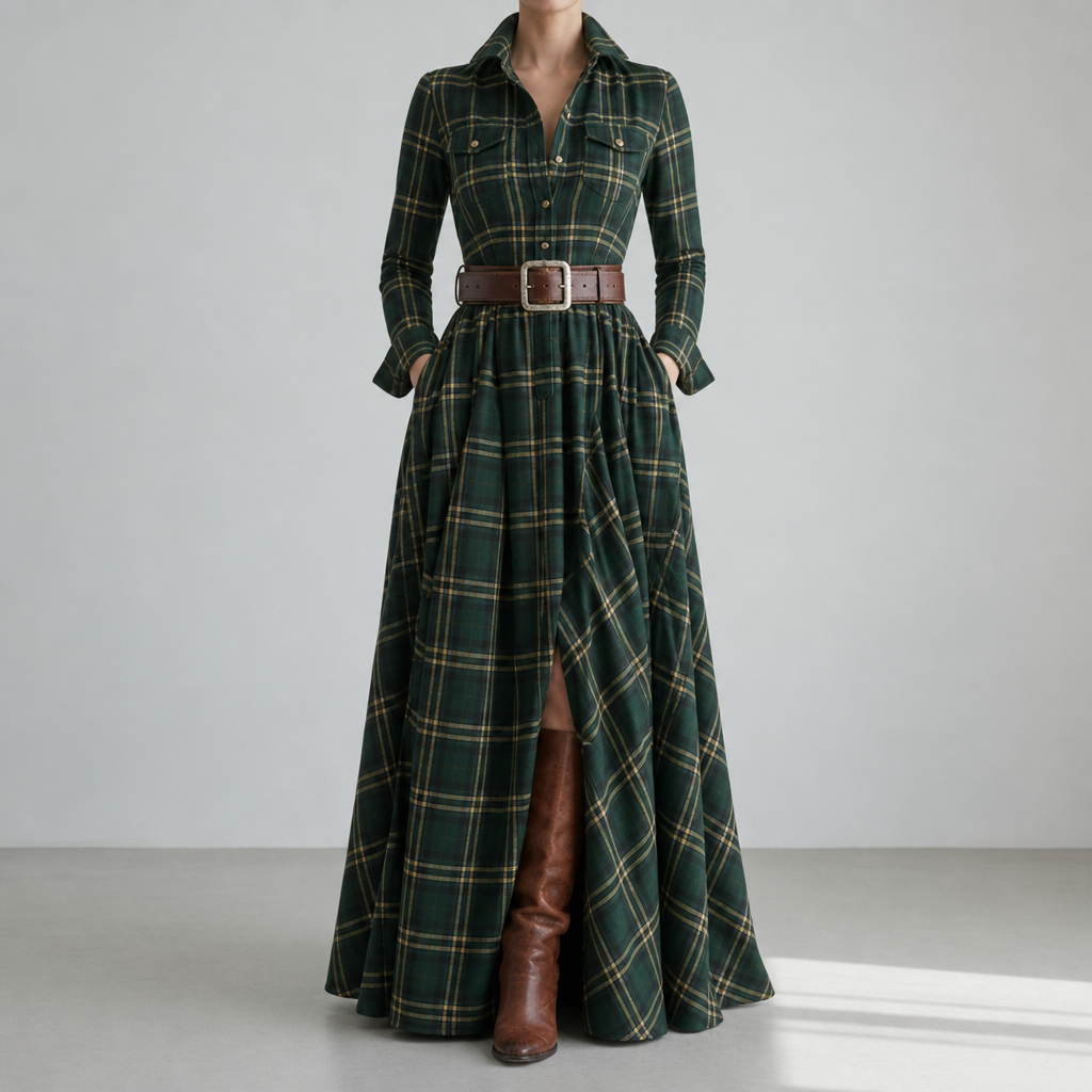 Biot Plaid Belted Maxi Dress in Green