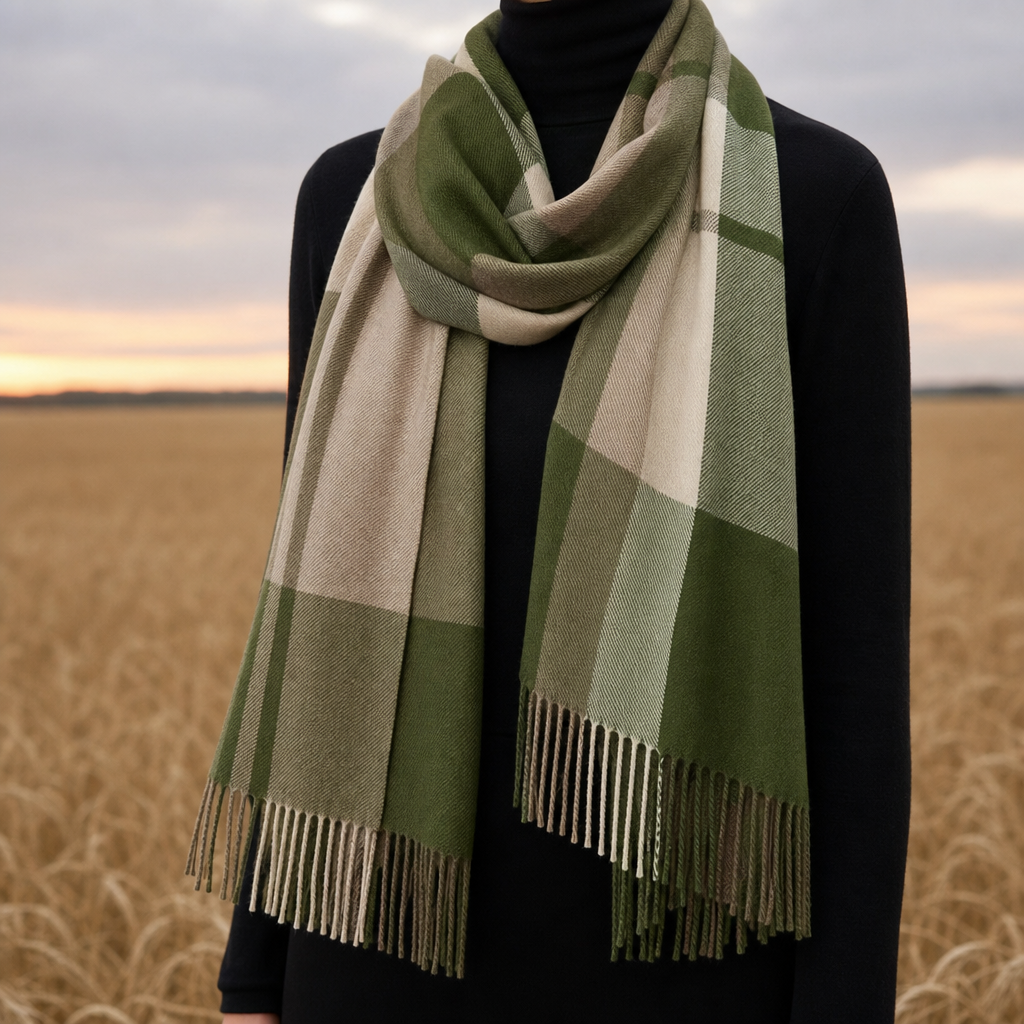 Grasse Plaid Fringe Scarf in Green