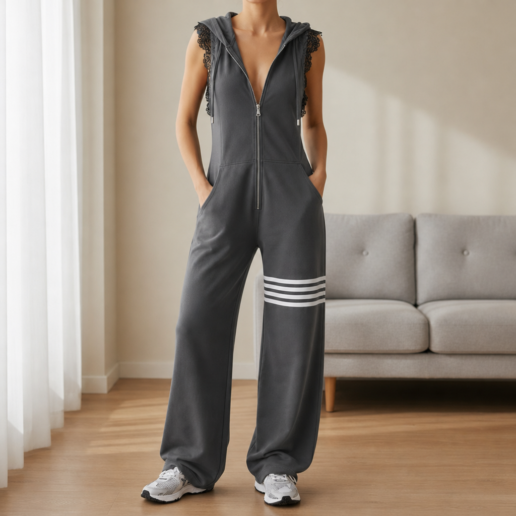 Elvas Striped Hooded Jumpsuit in Grey