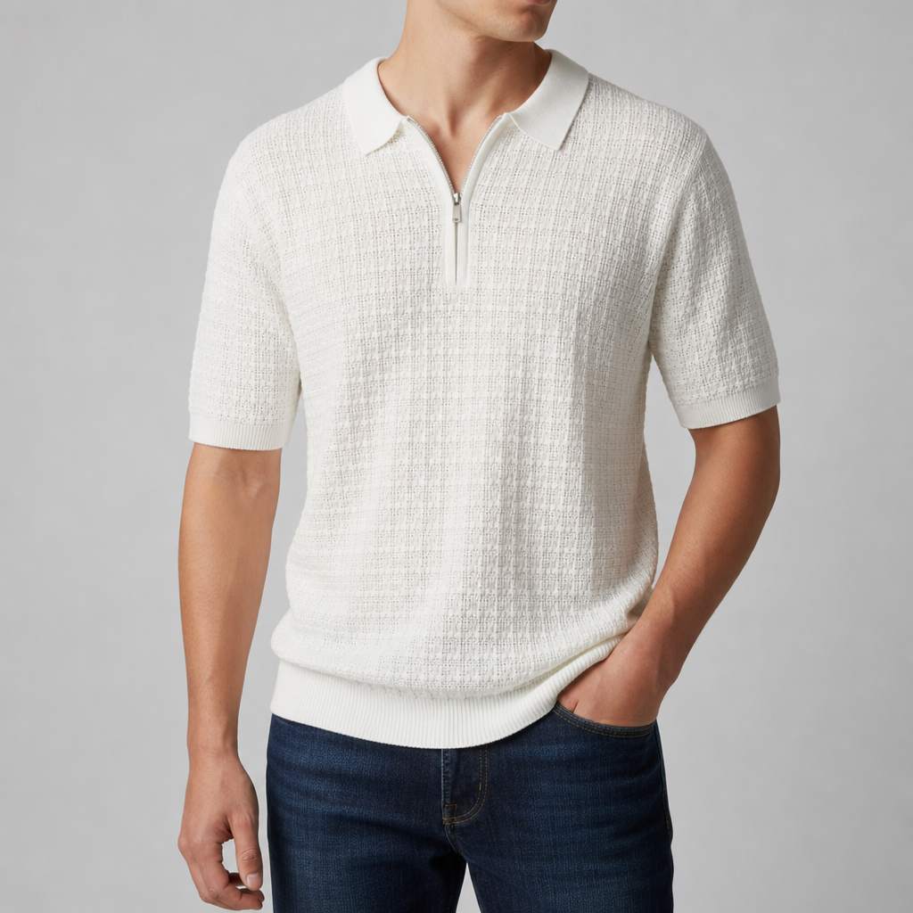 Rhodes Textured Knit Zip Polo in Ivory