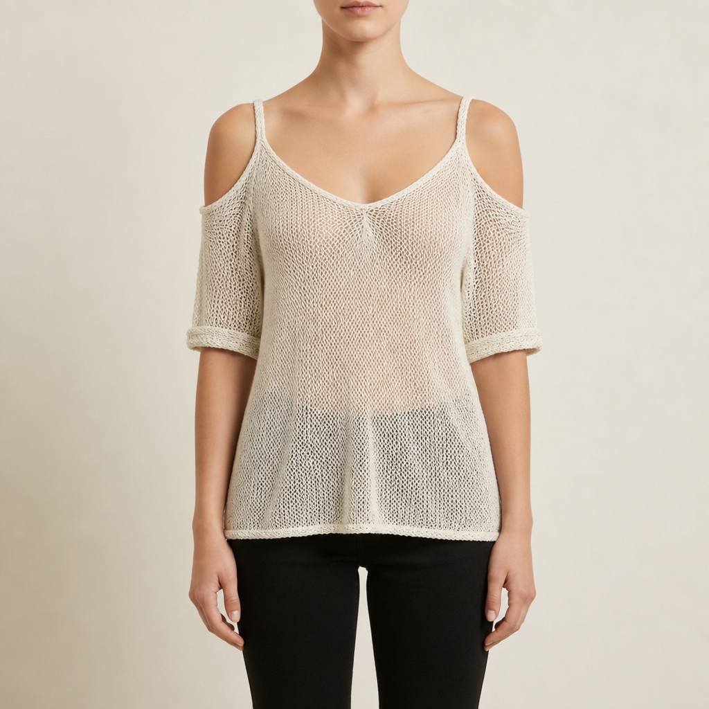 Methoni Sheer Mesh Off-Shoulder Top in ivory