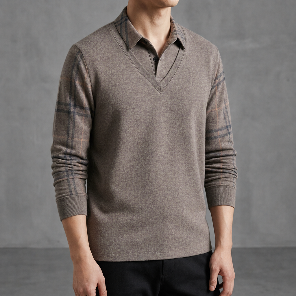 Monemvasia Layered Plaid Pullover Top in Khaki