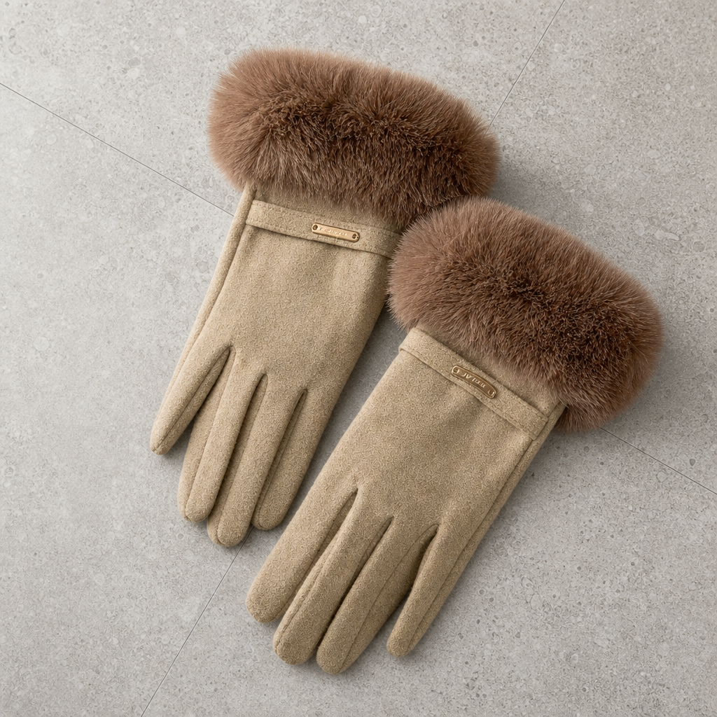 Girona Fur Trim Suede Gloves in Khaki