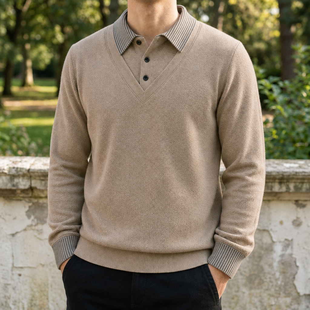 Evora Striped Layered Knit Sweater in Khaki