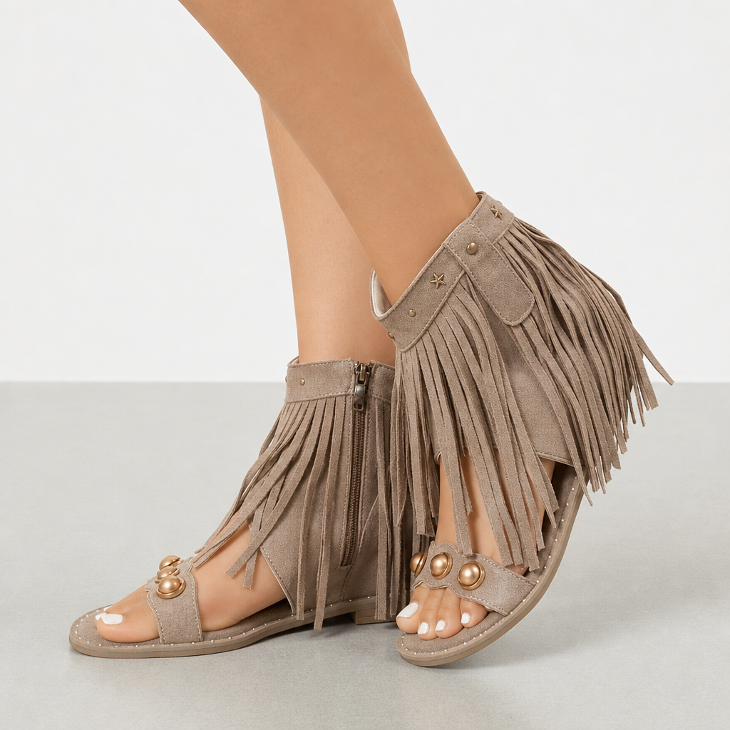 Alberobello Fringe Boho Sandals in Khaki