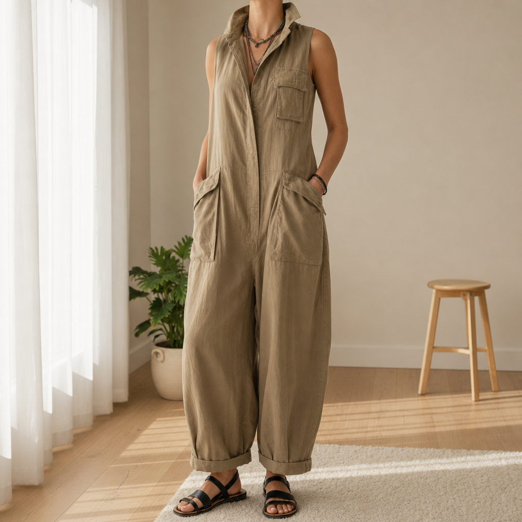 Samos Sleeveless Cargo Jumpsuit in Khaki