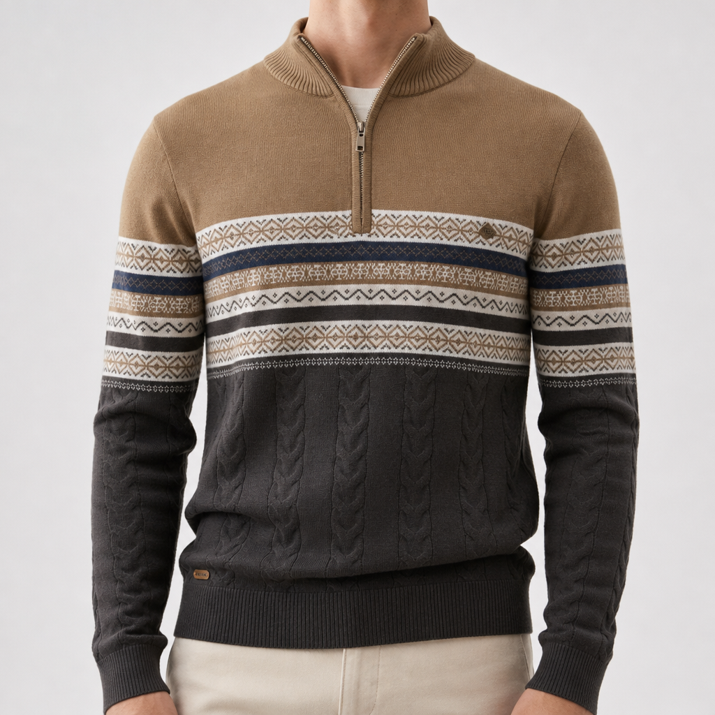 Bellagio Nordic Quarter Zip Sweater in Khaki