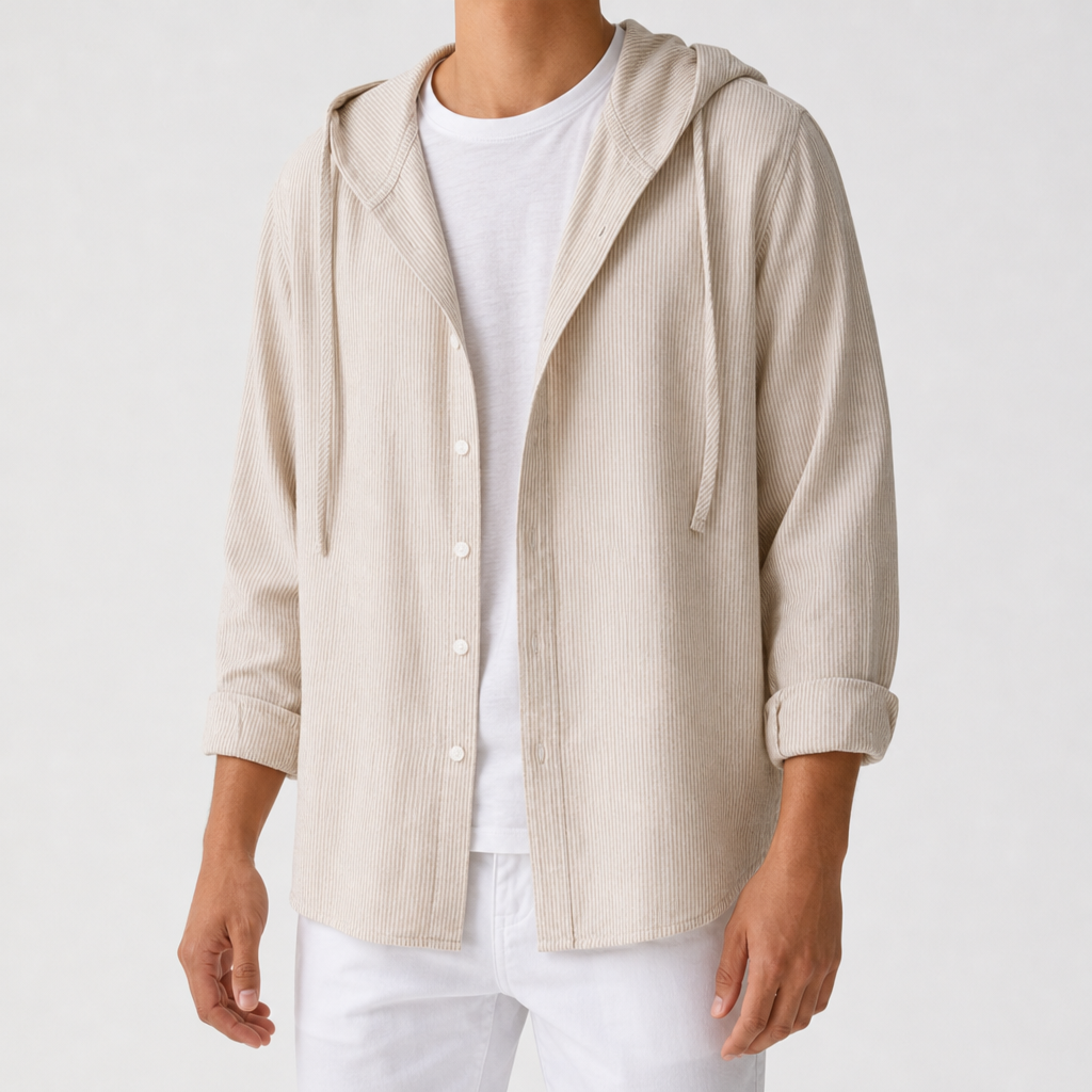 Ston Striped Hooded Linen Shirt in Khaki