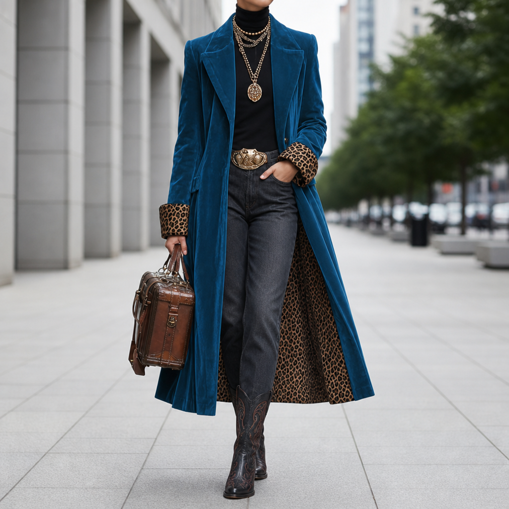 Gordes Velvet Leopard Trim Coat in Lake blue