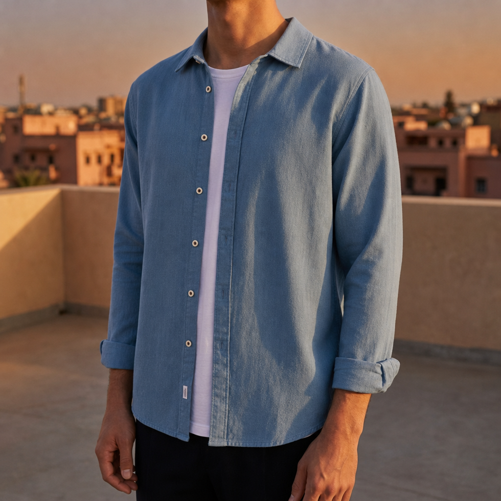 Malaga Cotton Button-Up Shirt in Light Blue
