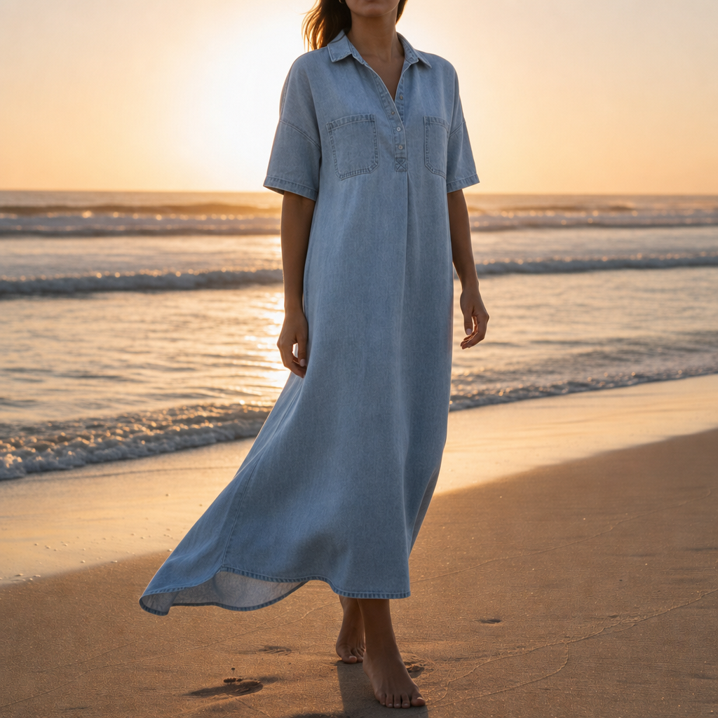 Paros Denim Midi Shirt Dress in Light Blue