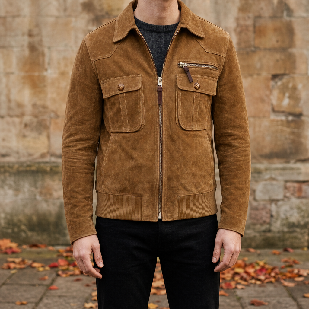 Mljet Retro Suede Bomber Jacket in Light Brown