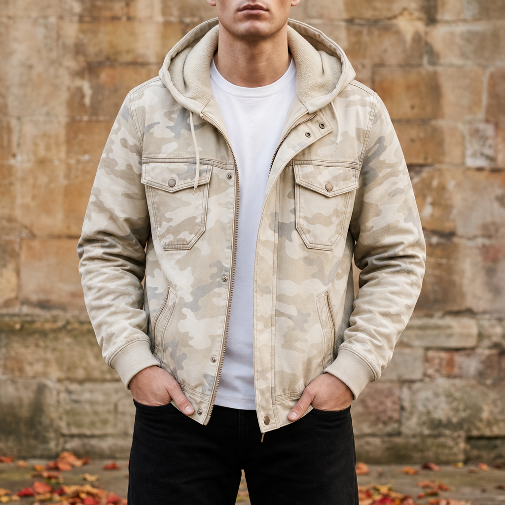 Estoril Camo Hooded Cargo Jacket in Light Khaki