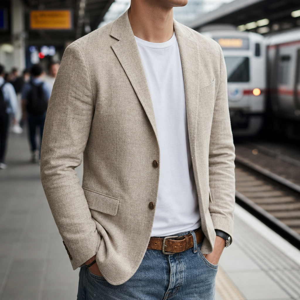 Lucca Slim Fit Linen Blazer in Light Khaki