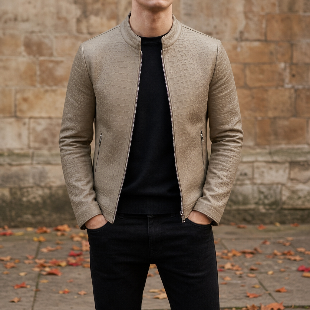 Erice Croc Pattern Leather Jacket in Light Khaki