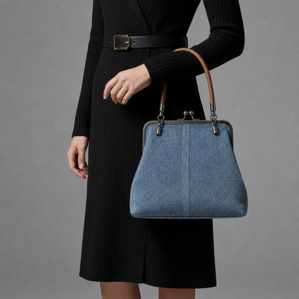 Mougins Denim Frame Clasp Bag in Light Wash Denim