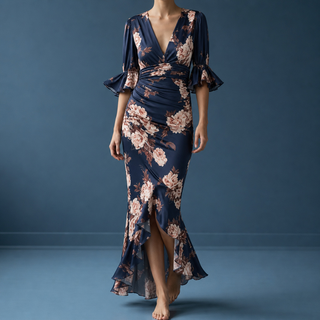 Ithaca Floral Ruffle Maxi Dress in Midnight Blue