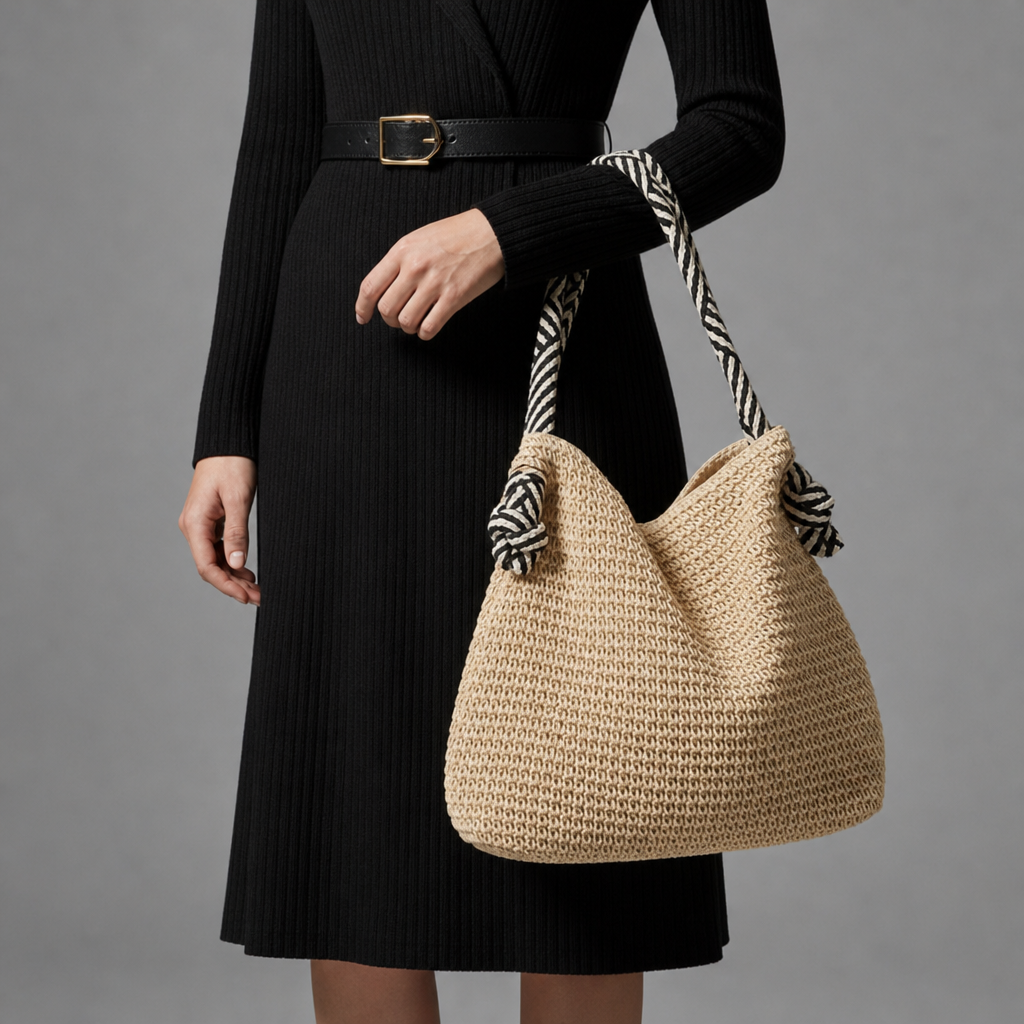 Caceres Striped Strap Woven Tote in Natural Beige