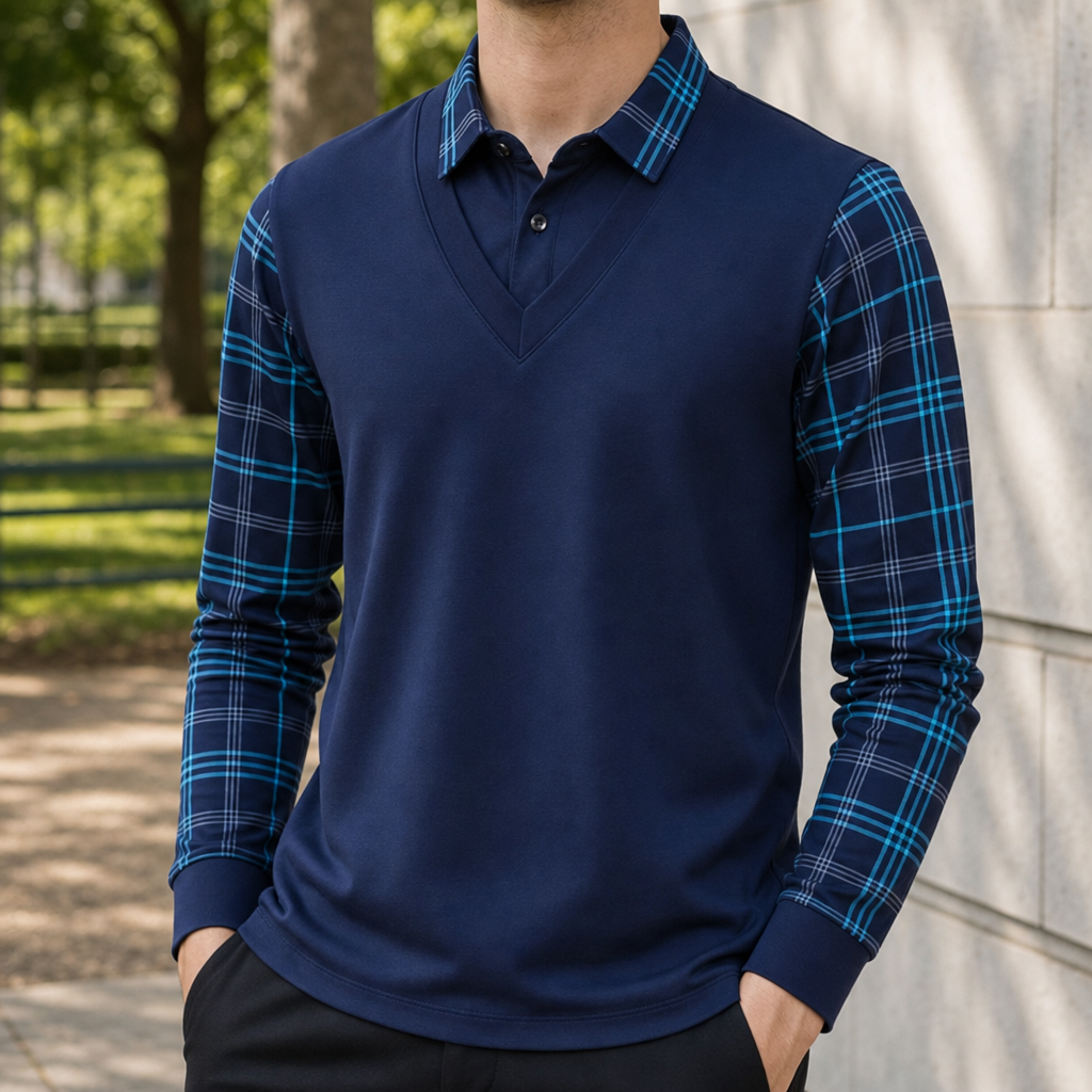 Corte Plaid Panel Polo in Navy Blue