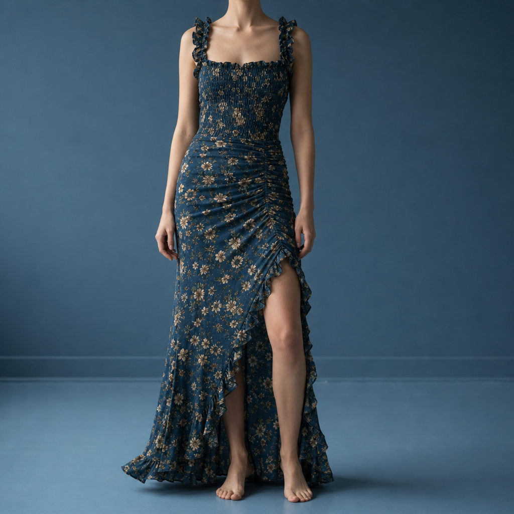 Baeza Smocked Floral Maxi Dress in Navy Blue