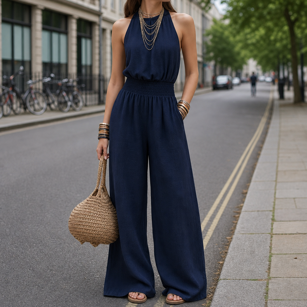 Gythio Halter Smocked Waist Jumpsuit in Navy blue