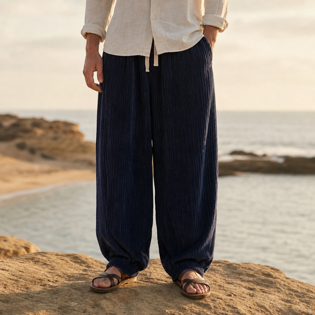 Figueres Wide-Leg Corduroy Pants in Navy Blue
