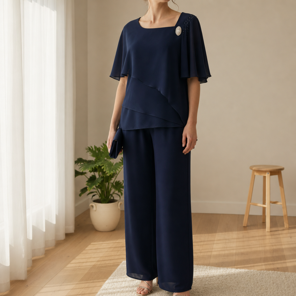 Deia Layered Chiffon Trouser Set in Navy Blue