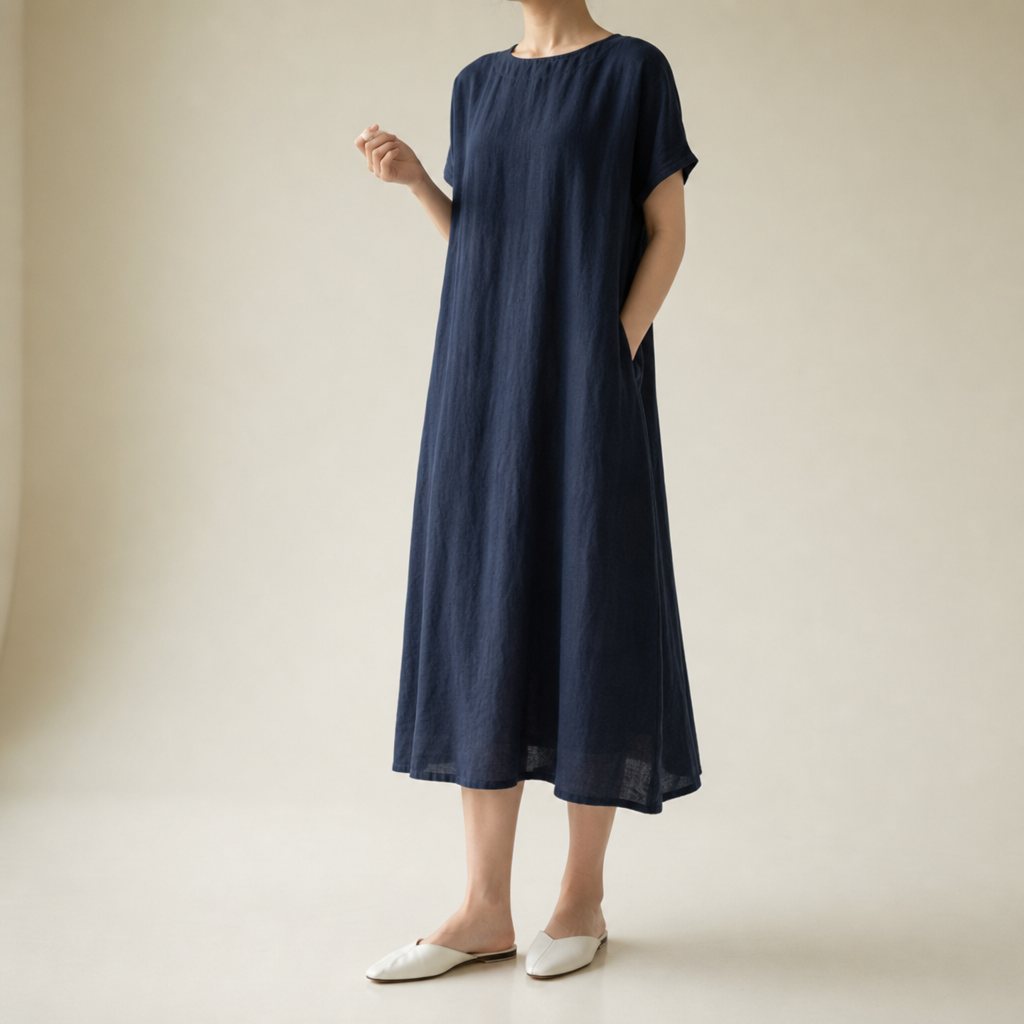 Kalymnos Loose Linen Midi Dress in Navy Blue