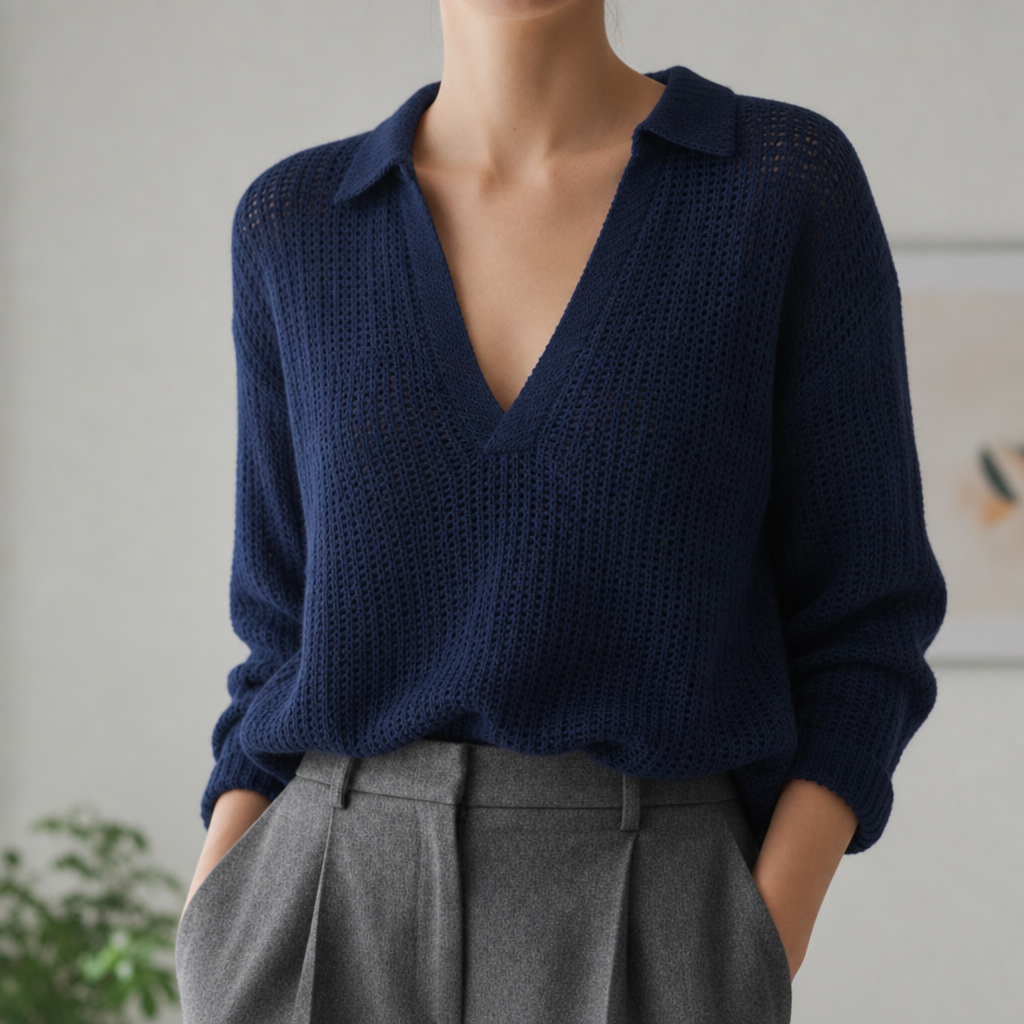 Oviedo Collared Knit Sweater Top in Navy Blue