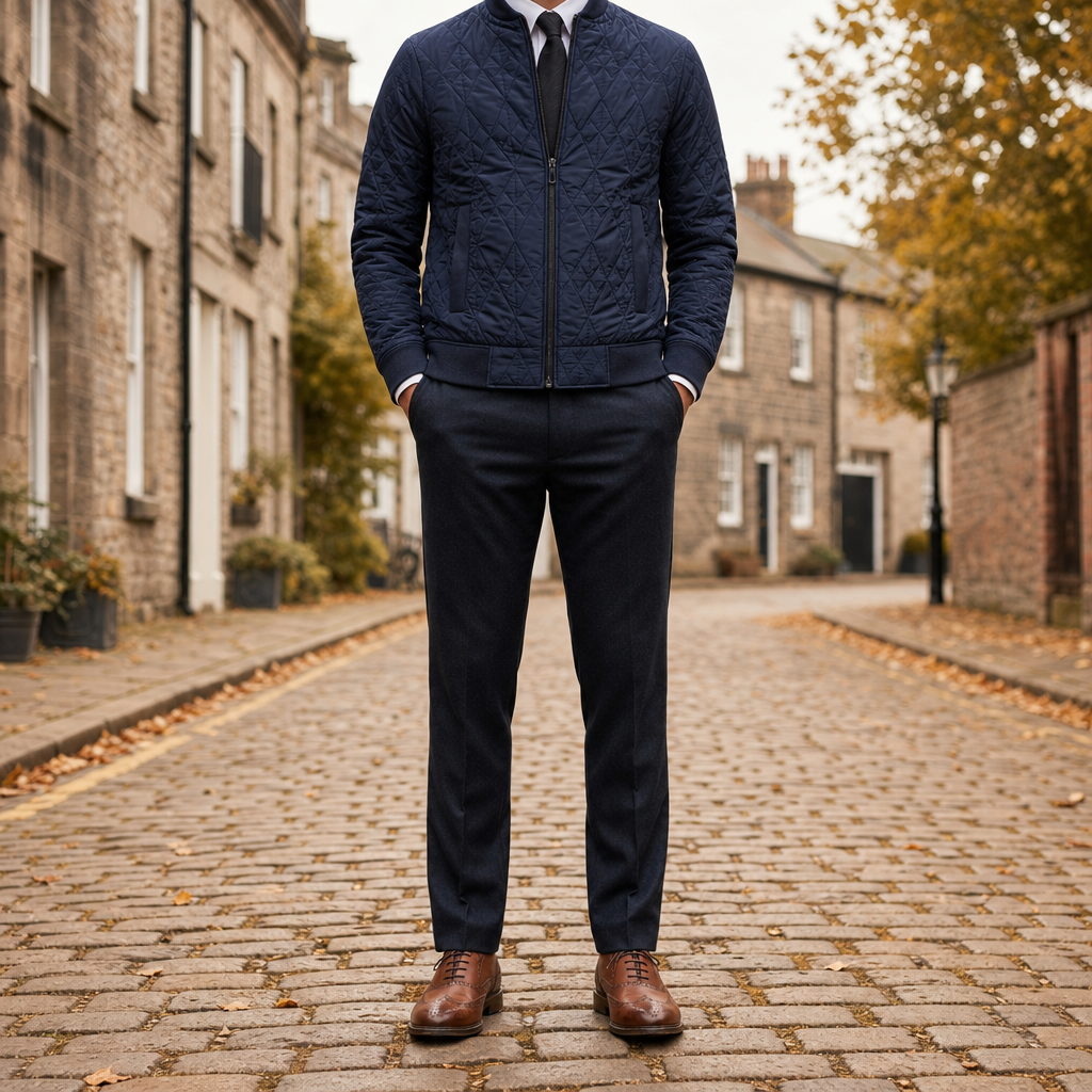 Nimes Quilted Zip Bomber in Navy