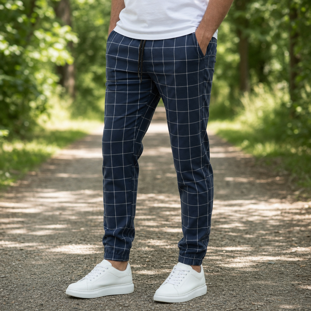 Sibenik Checkered Tapered Joggers in Navy