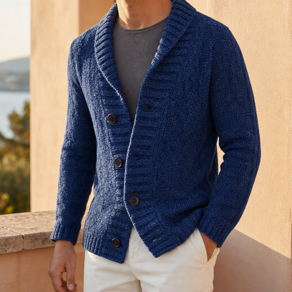 Frigiliana Vintage Lapel Knit Cardigan in Navy