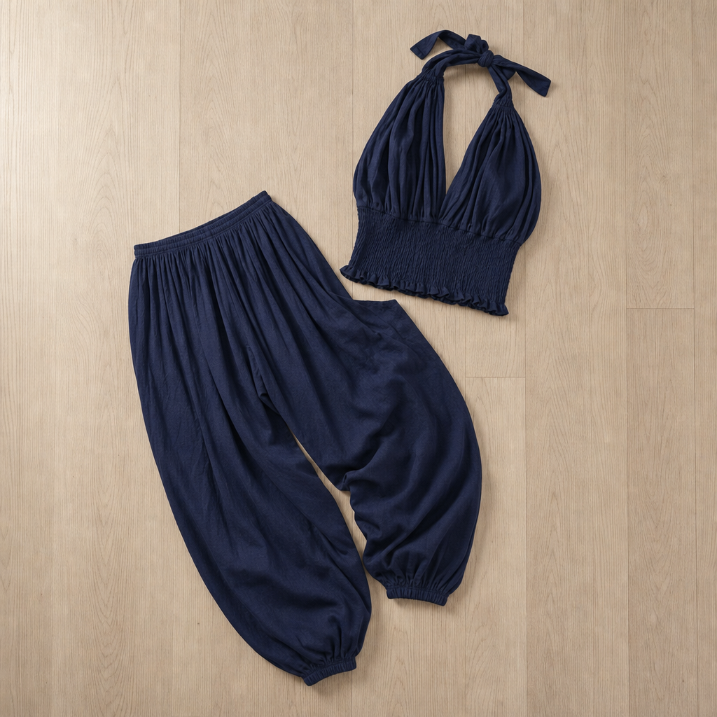 Ikaria Smocked Halter Harem Set in navy
