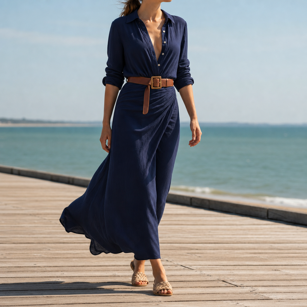 Obidos Belted Shirt Maxi Dress in Navy