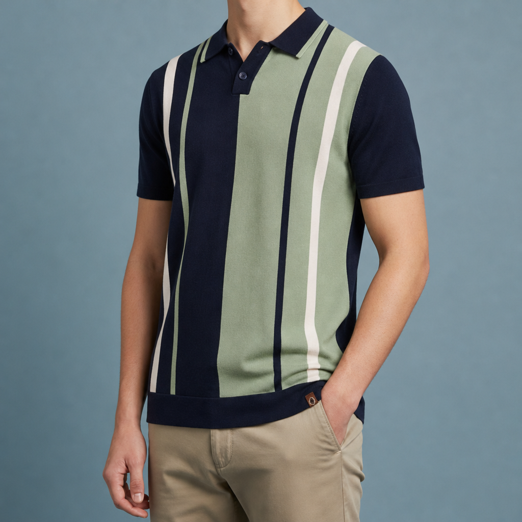 Methoni Striped Knit Polo in Navy