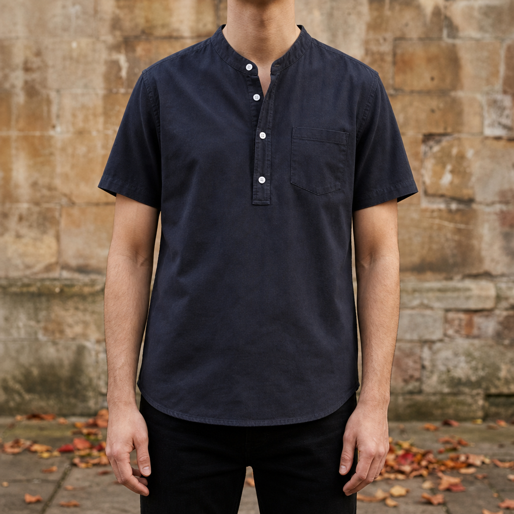 Cortona Band Collar Casual Shirt in Navy