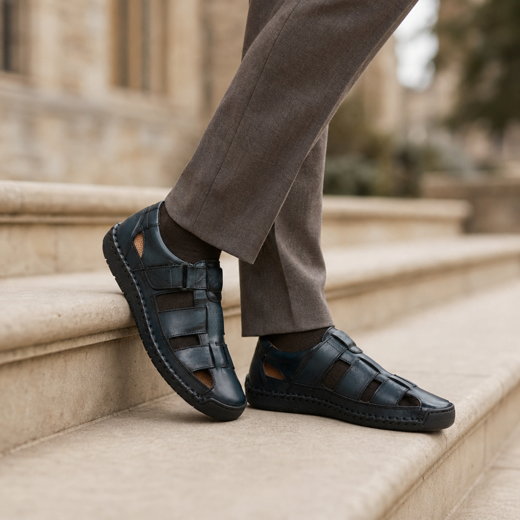 Arles Leather Fisherman Sandals in Navy