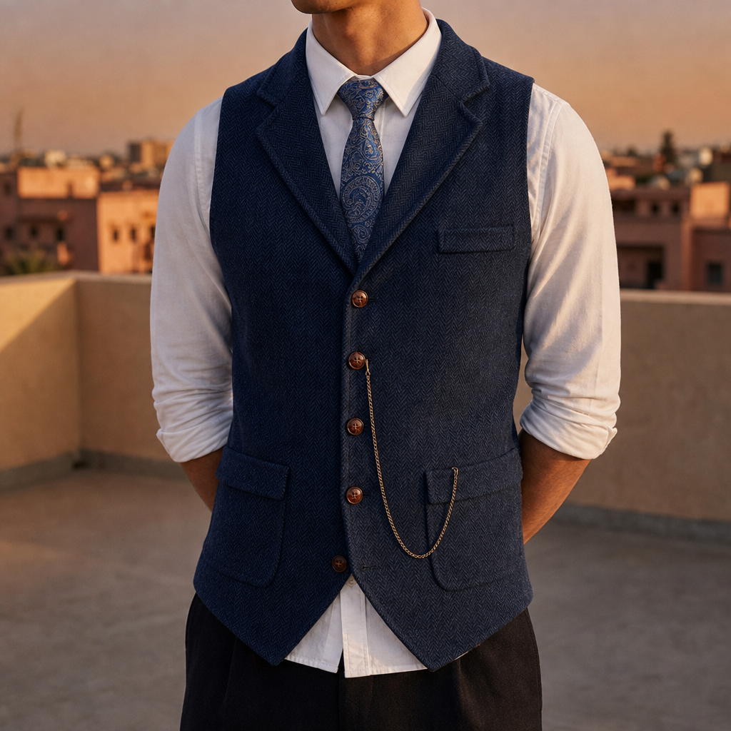 Assisi Herringbone Tweed Vest in Navy