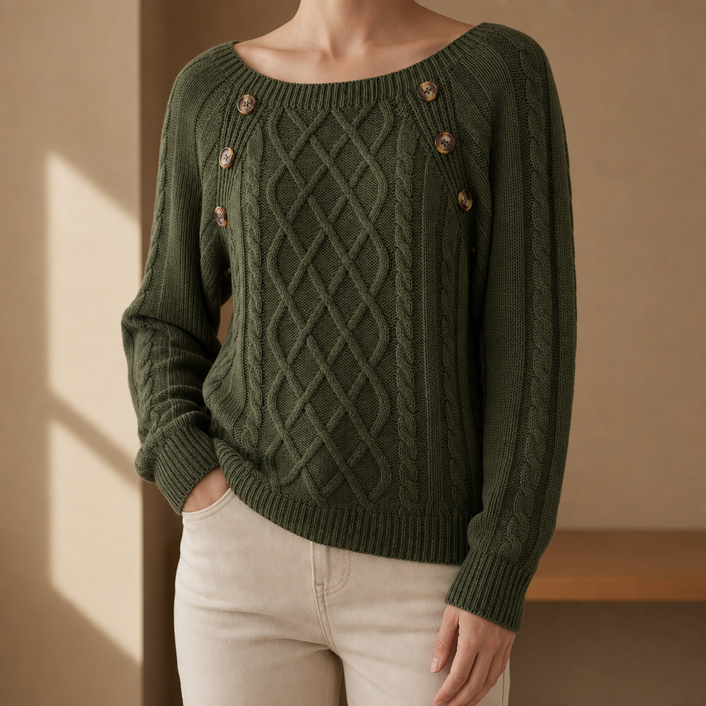 Porquerolles Cable Knit Button Sweater in Olive