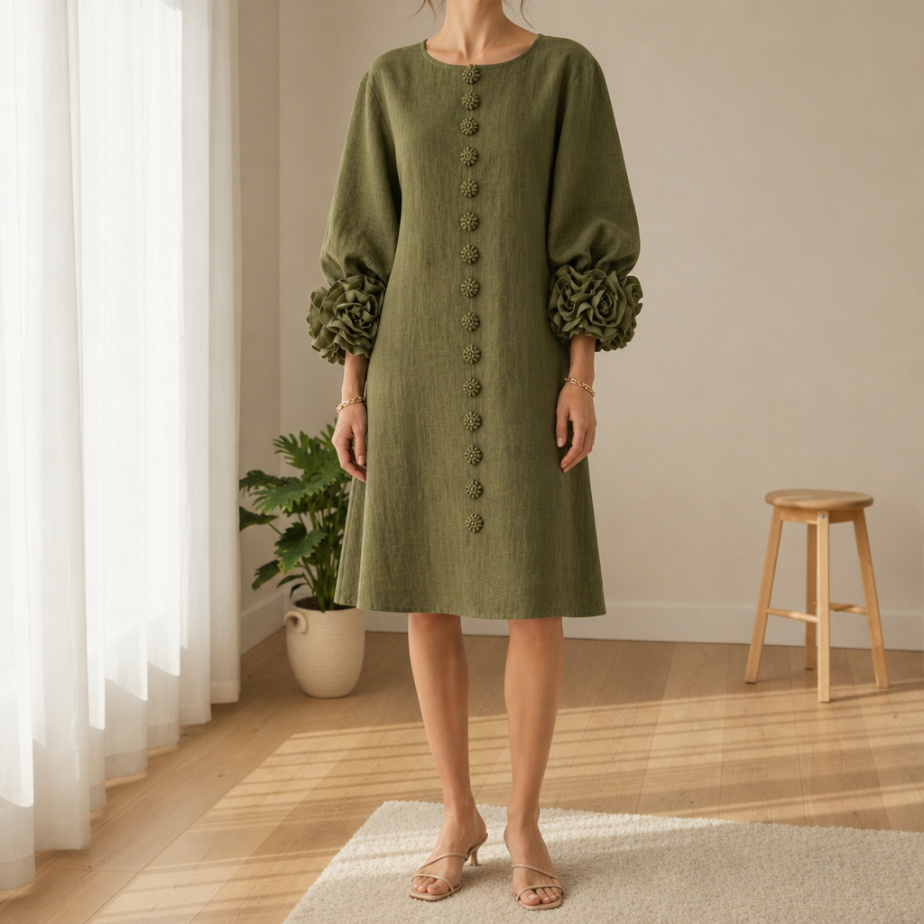 Marvao Rosette Cuff Linen Dress in Olive