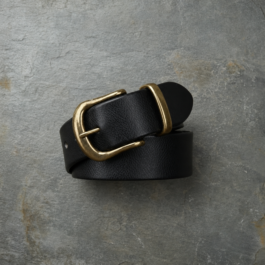 Mdina Brass Buckle Leather Belt in Onyx Black