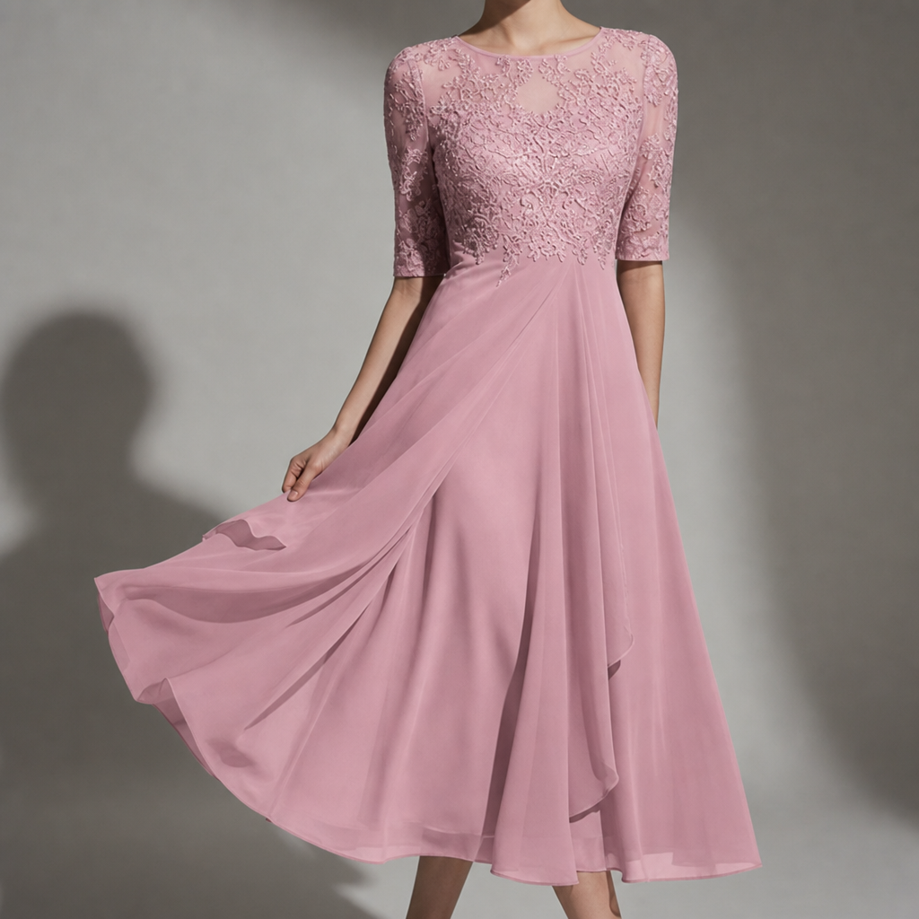 Sagres Lace Chiffon Midi Dress in Pink