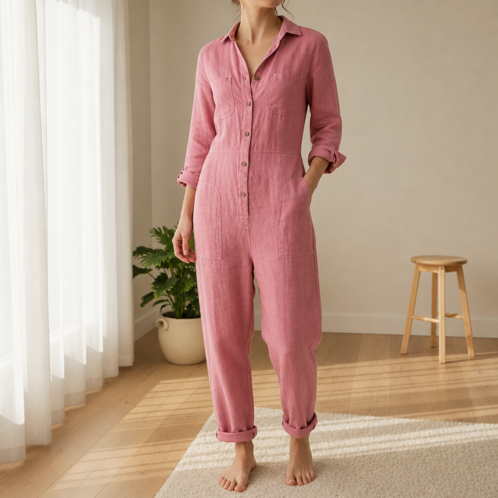 Skiathos Linen Button Jumpsuit in Pink