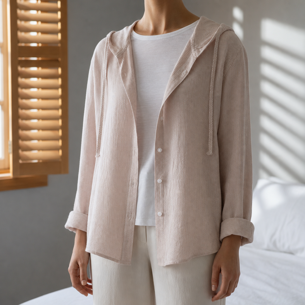 Padova Striped Linen Hoodie Shirt in Pink