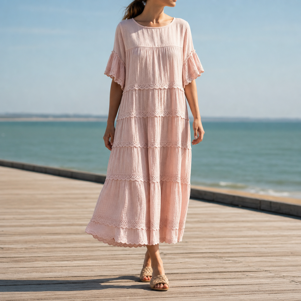 Bilbao Tiered Lace Trim Dress in Pink