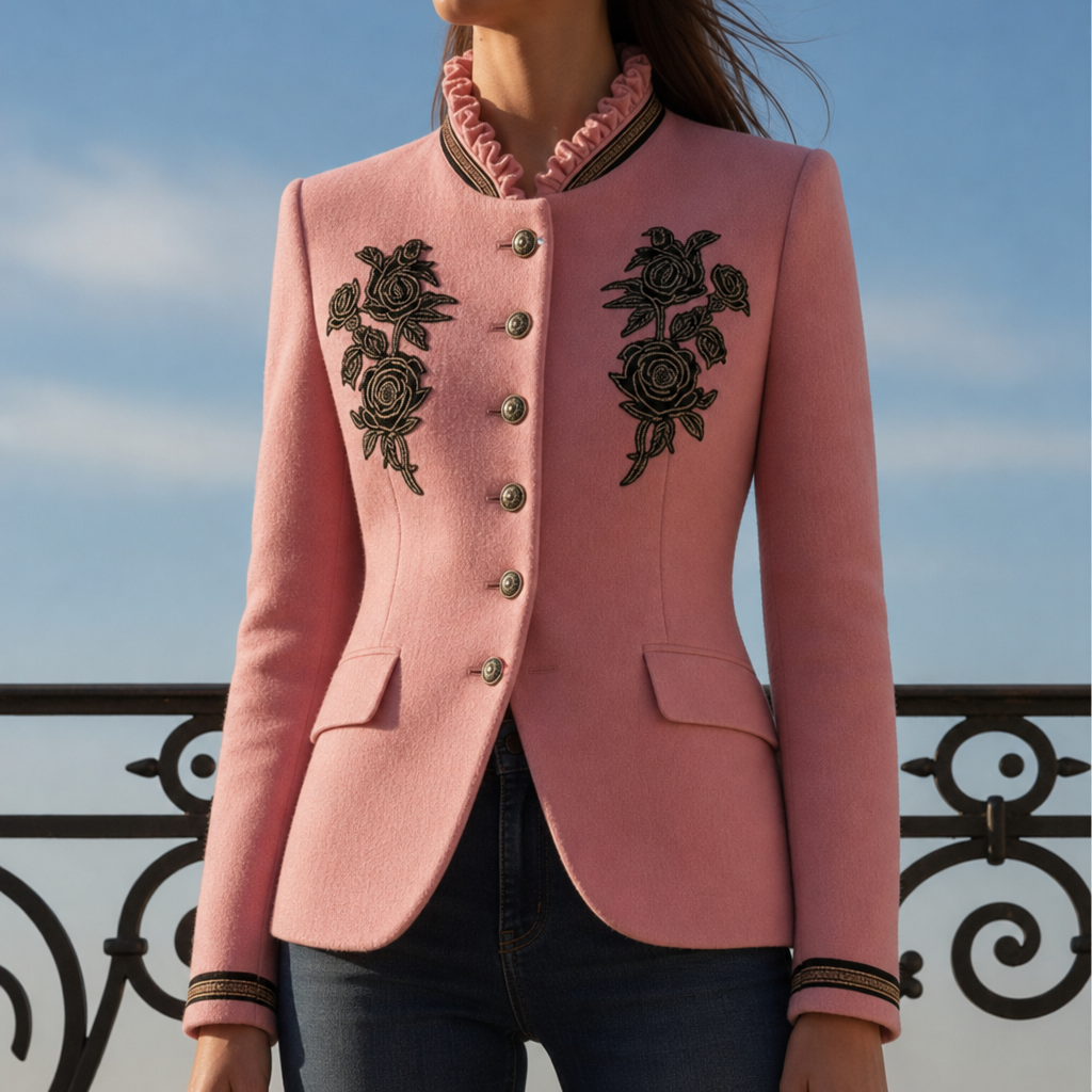 Menton Rose Embroidered Military Jacket in Pink