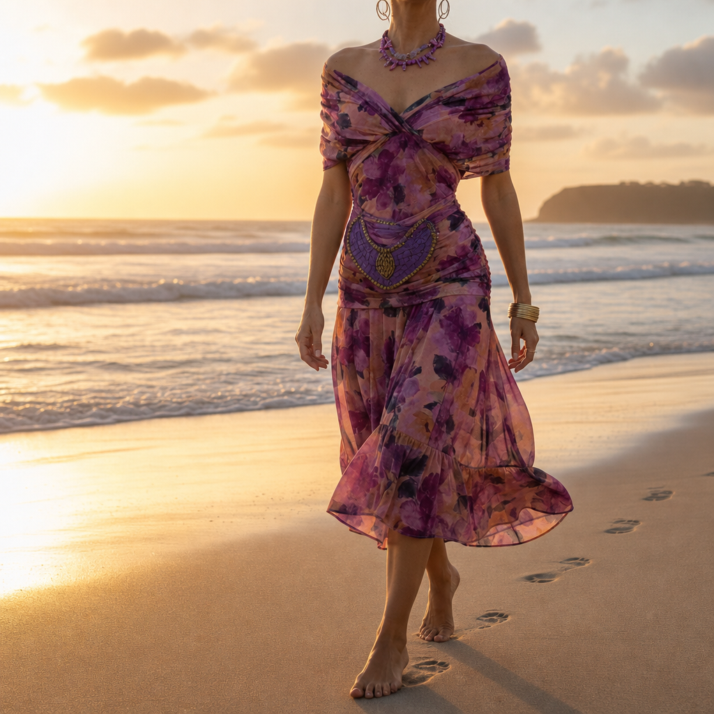 Caceres Ruched Chiffon Midi Dress in Purple
