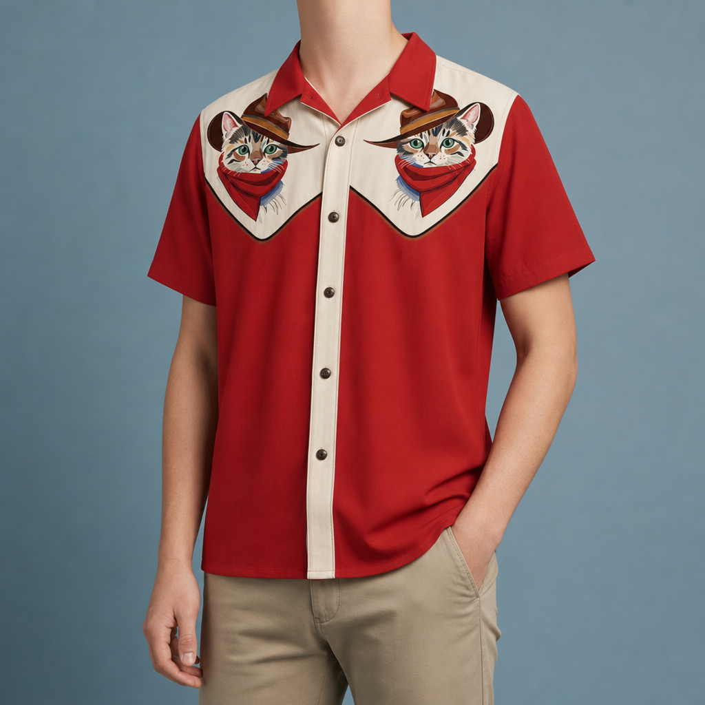 Palamos Astronaut Cowboy Western Shirt in Red And Cream