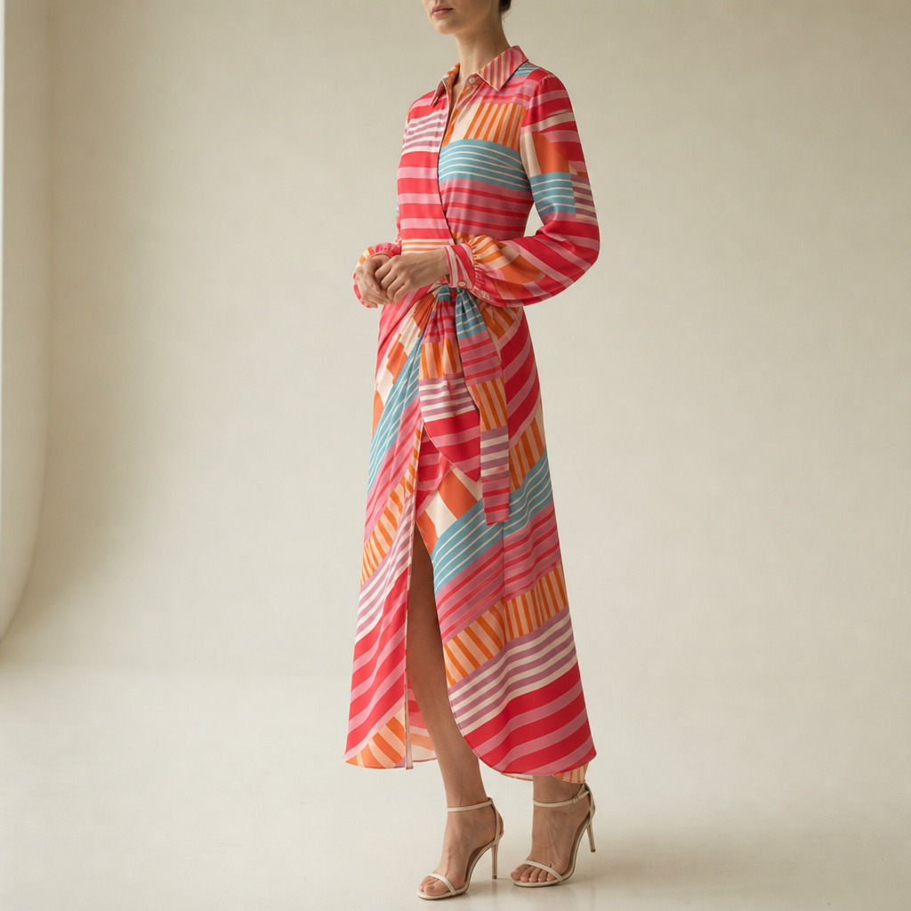 Calpe Striped Wrap Midi Dress in Red